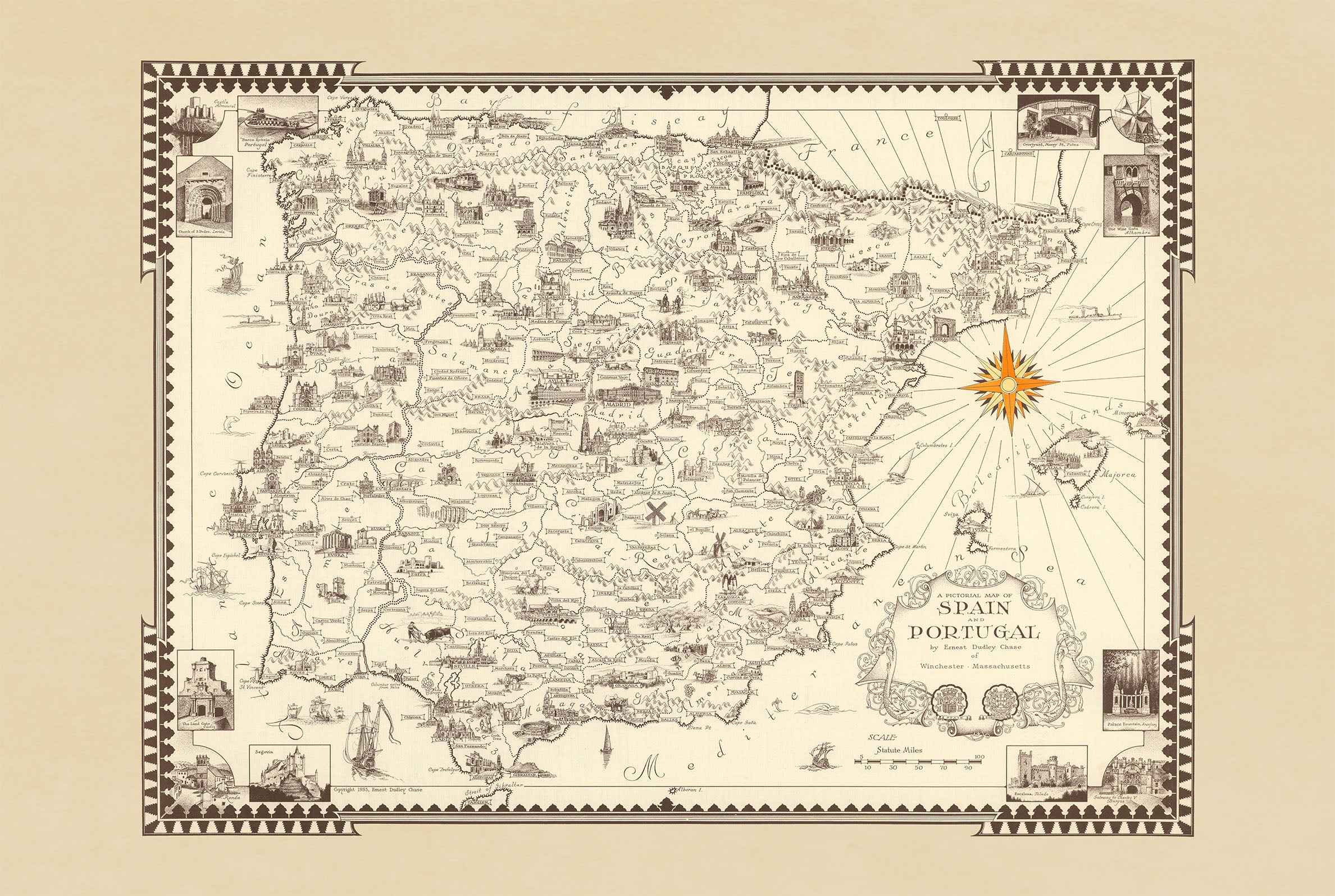 Spain & Portugal Pictorial Map Poster (1935) - Vintage Iberian Peninsula Wall Art